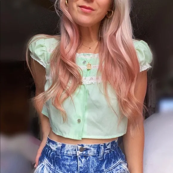 SOLD Pastel Green Peasant Babydoll Crop Top - Picture 8 of 9